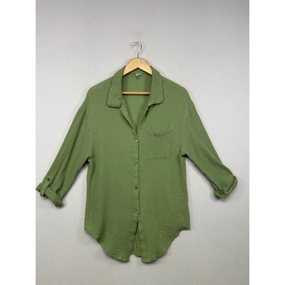 Boho Coastal Tahiti Womens Size Medium Green Cotton Double Gauze Button Up Shirt